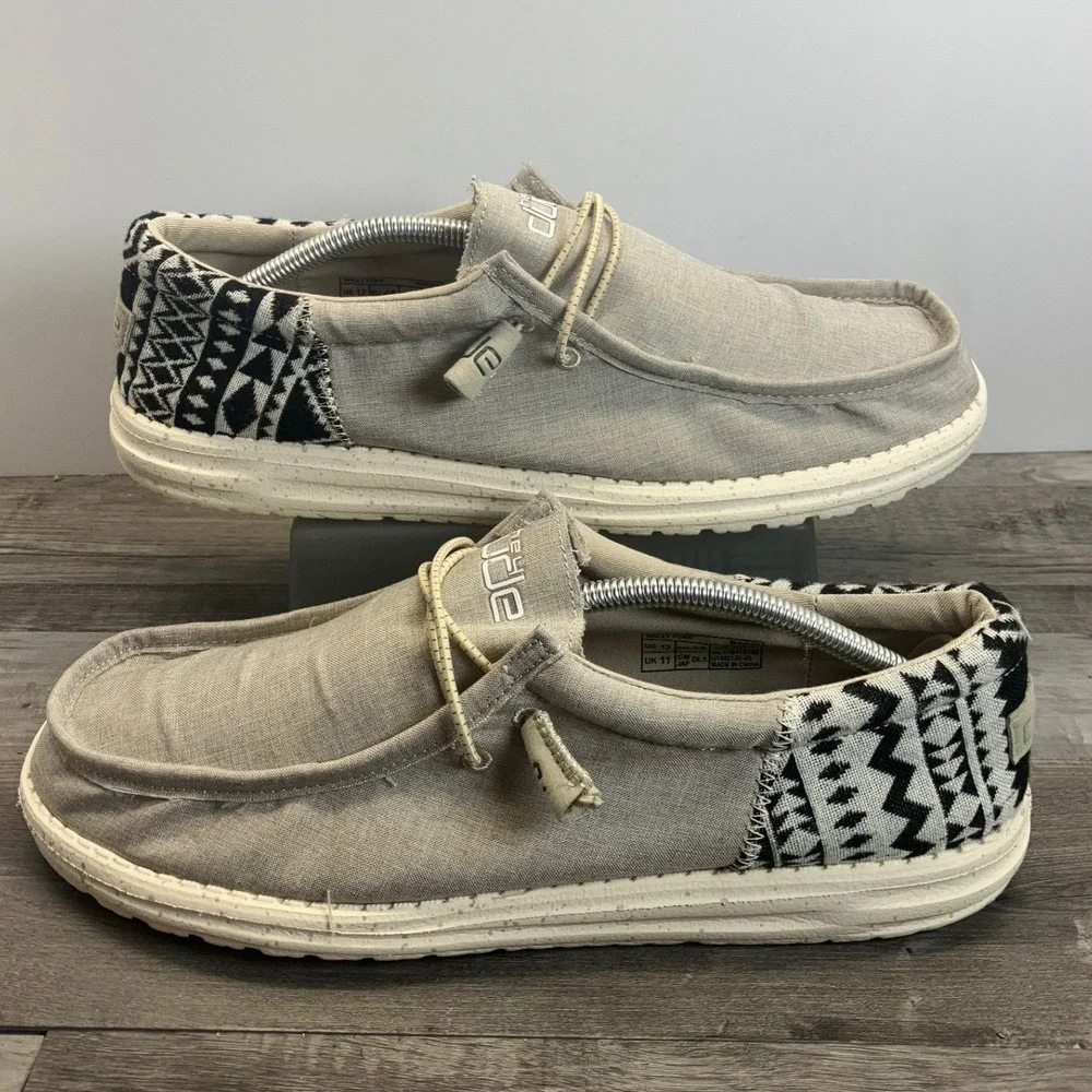 Hey Dude Wally Funk Mens Grey Aztec Geometric Print Canvas Slip On Loafers 12
